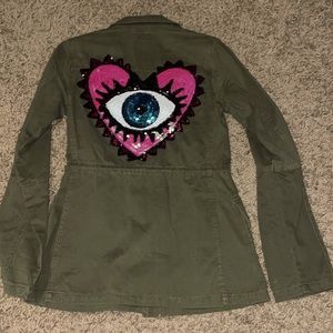 Upcycled Arizona jeans jacket with sequin evil eye patch.  Long sleeve. Cotton